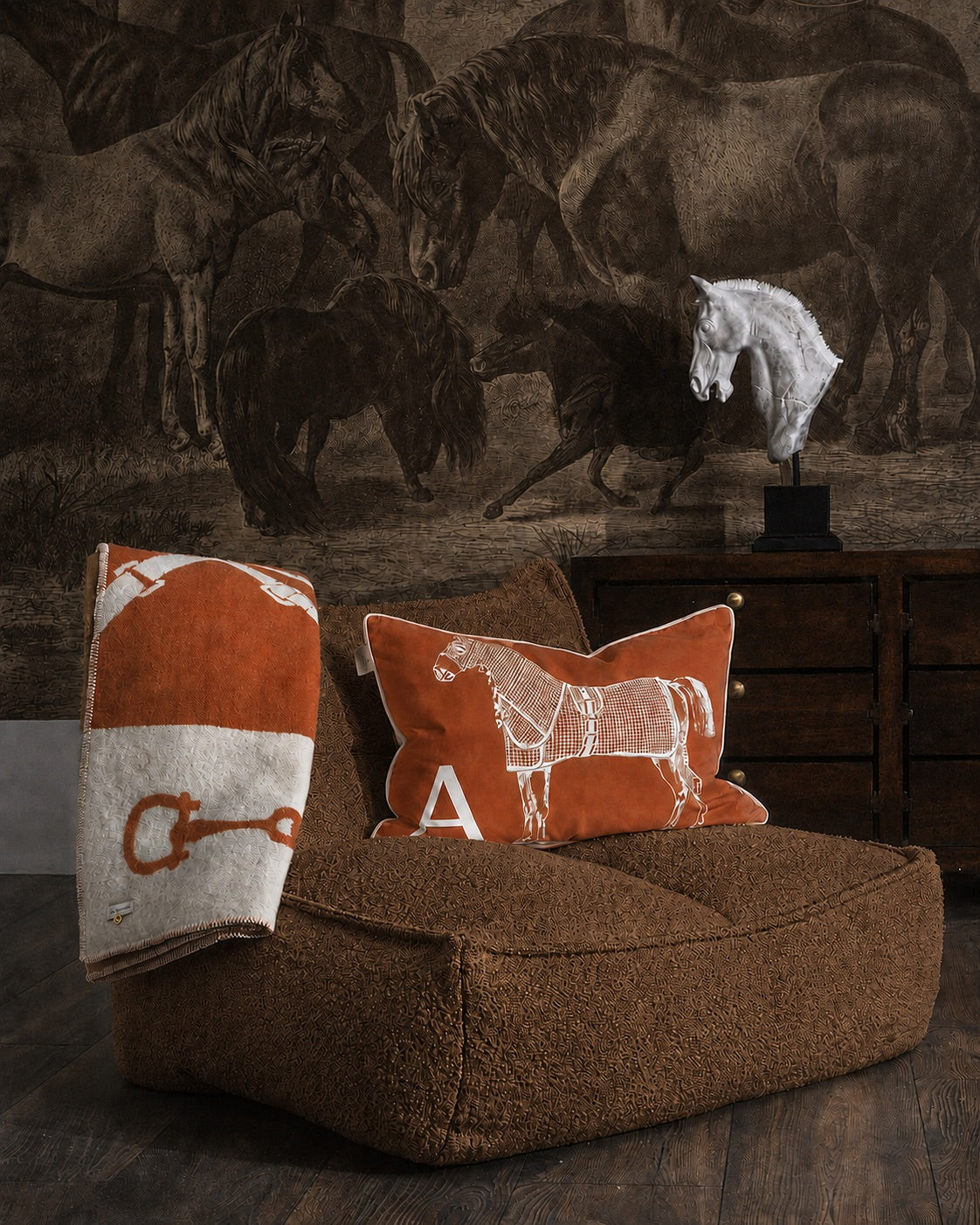 Classic Horse velvet cushion Rust orange