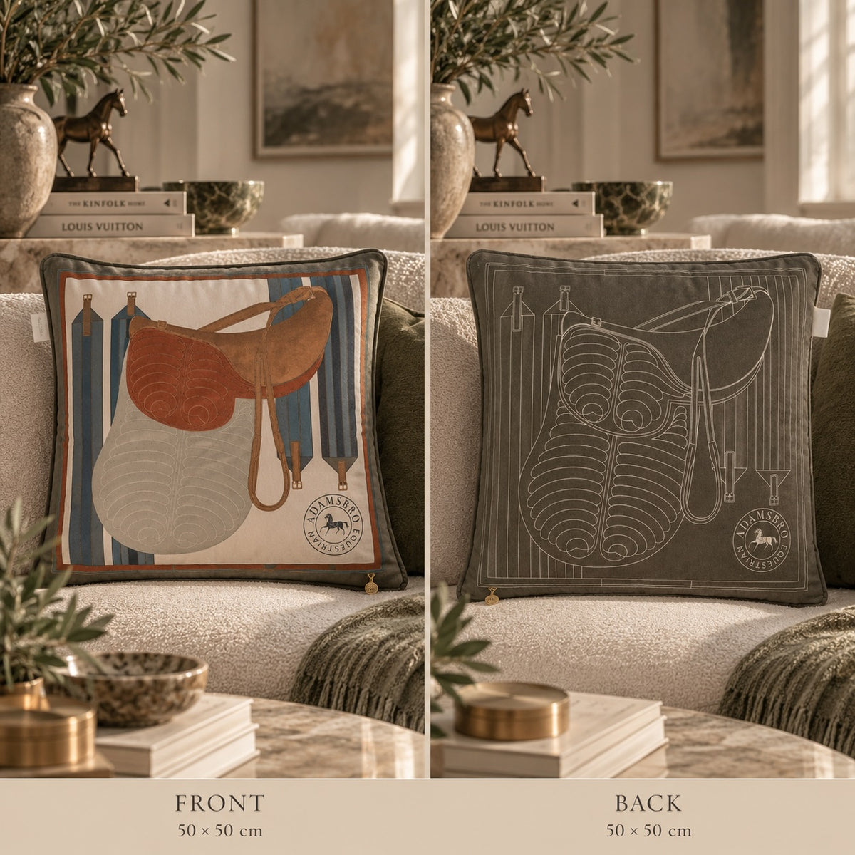 Saddle Olive velvet cushion reversible