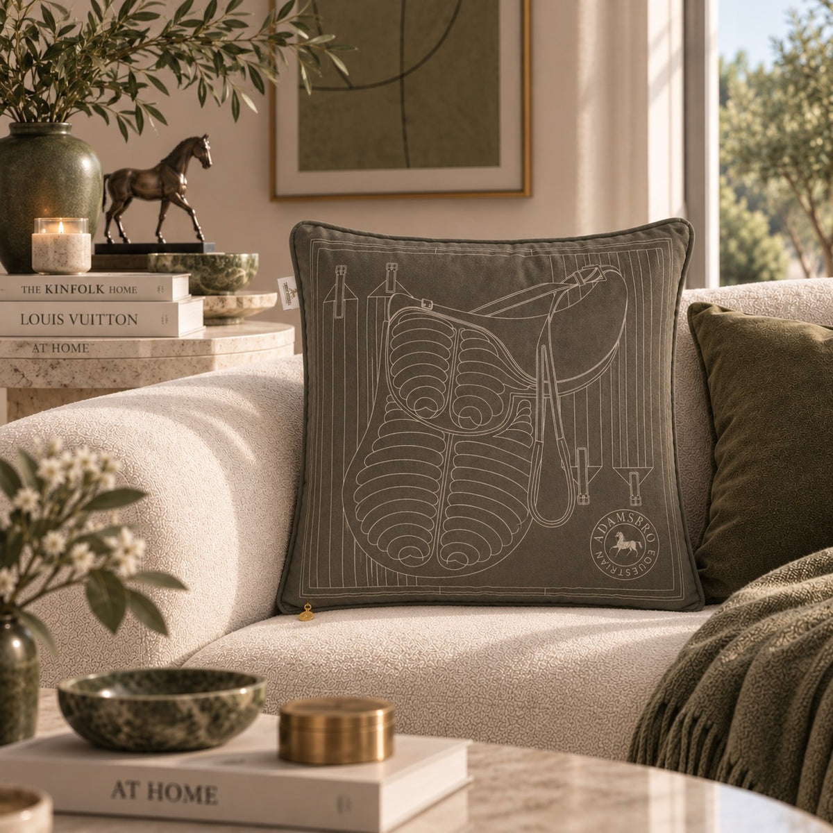 Saddle Olive velvet cushion reversible