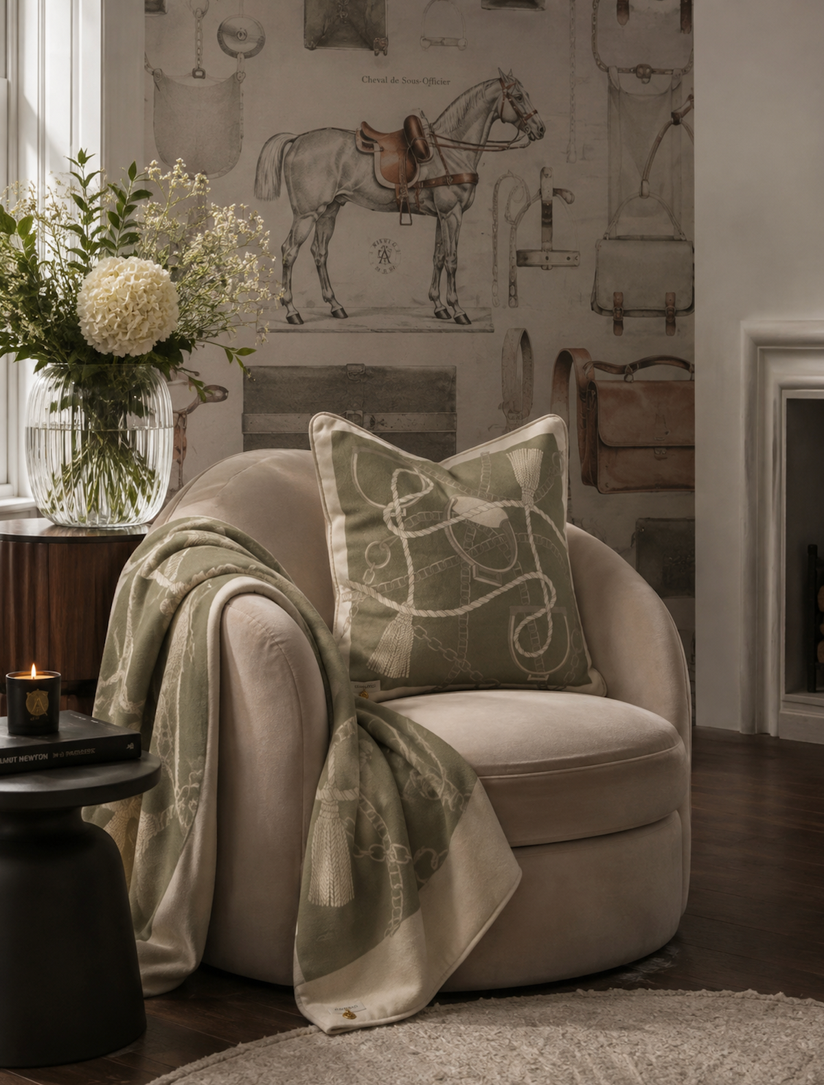 Chain velvet cushion celadon green