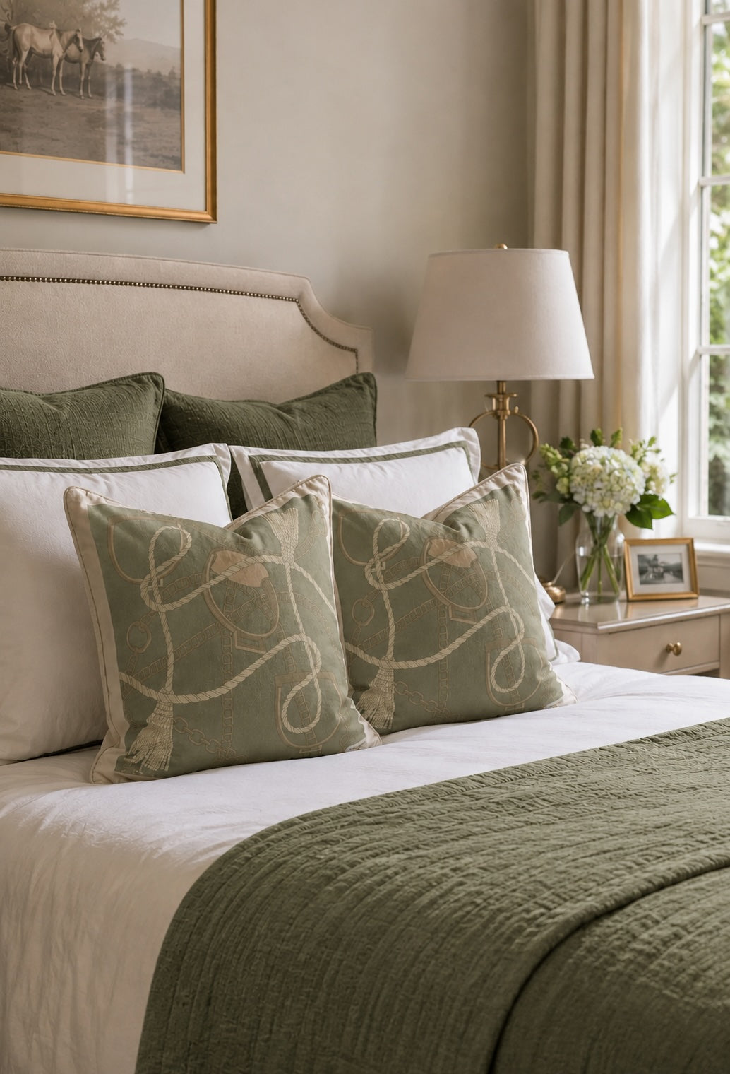 Chain velvet cushion celadon green