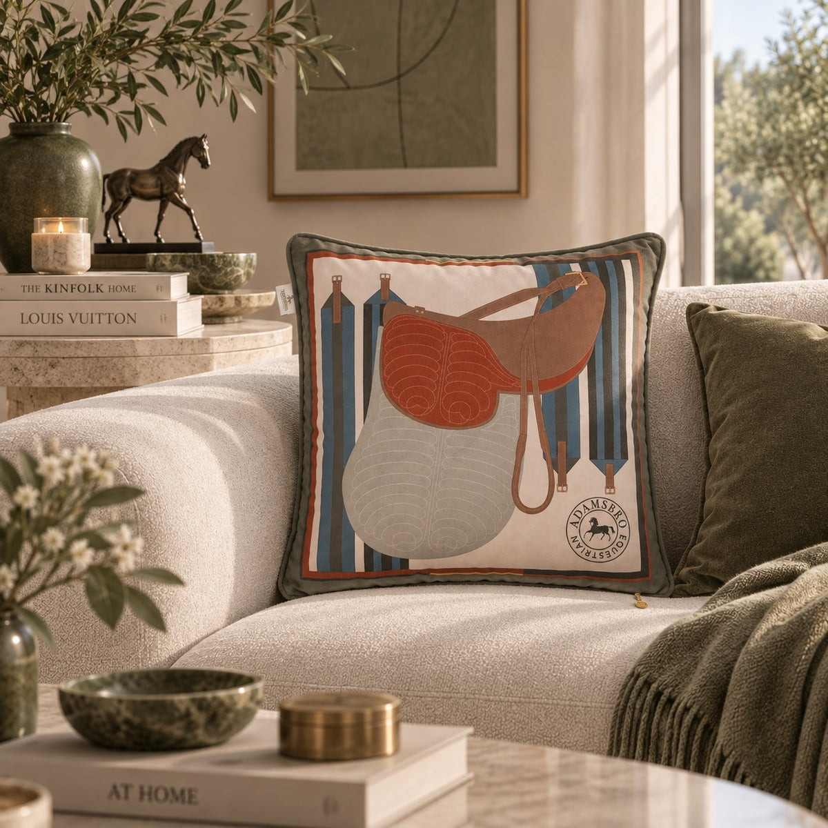 Saddle Olive velvet cushion  reversible