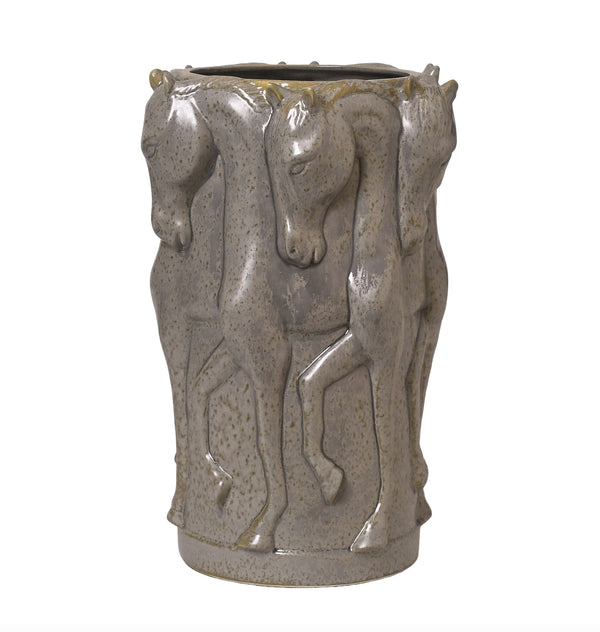 CERAMIC VASE DANCING HORSES PATINA GREY