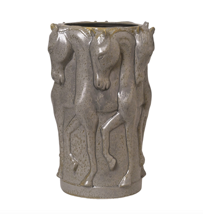 CERAMIC VASE DANCING HORSES PATINA GREY