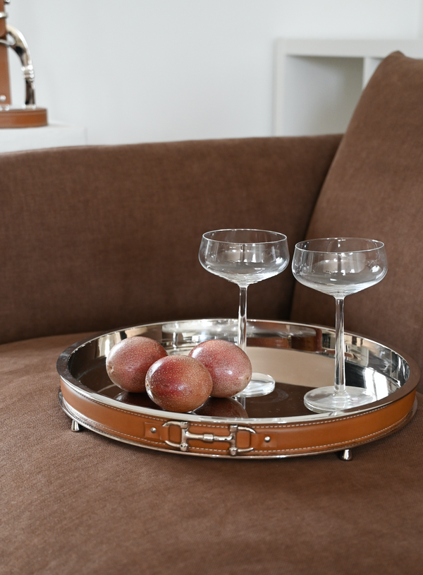 Snaffle Bit Round Tray with Brown Leather.